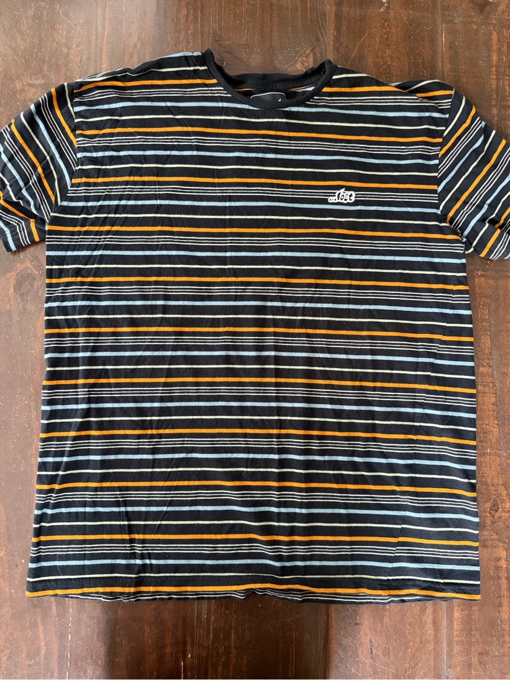 Lost Men's Black Striped Crewneck Tee with Orange & Light Gray Stripes